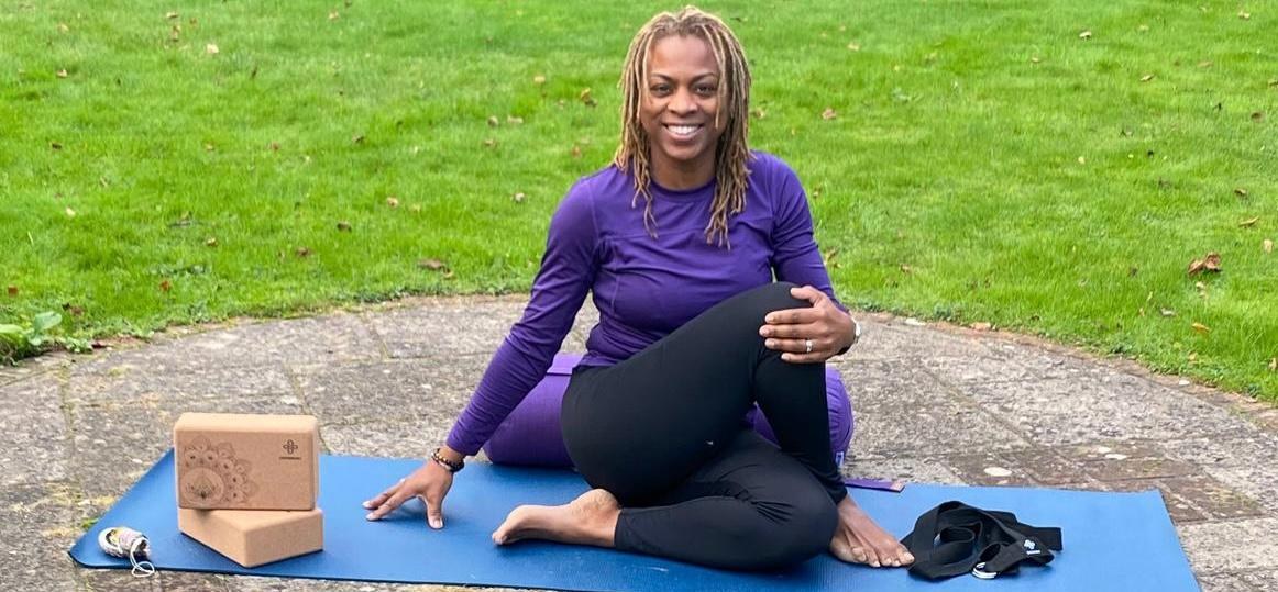 Orlessa leading a gentle yoga class in Jordans, Buckinghamshire